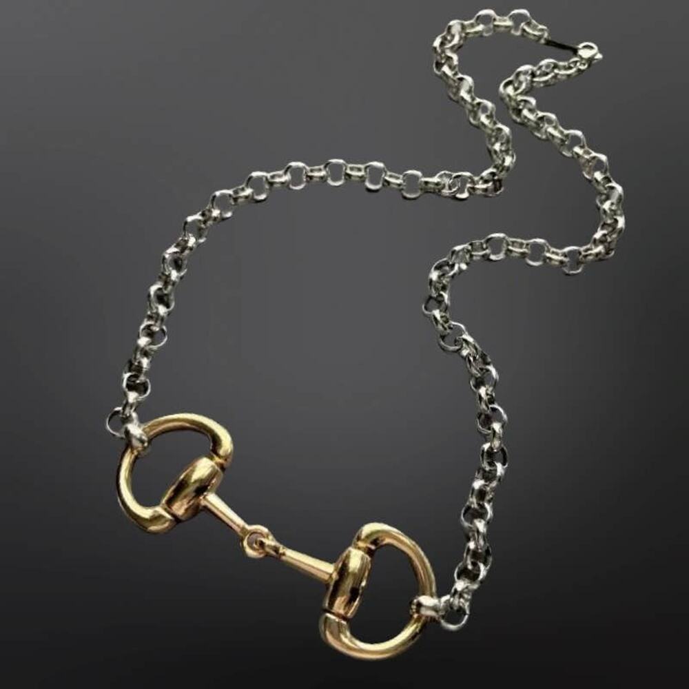 Snaffle Bit Necklace | Chunky Silver Chain & Gold Bit | Stainless Steel | 18"
